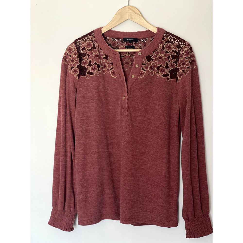 Miss Me Rose Burgundy Floral Lace Yoke Long Sleeve Henley Top